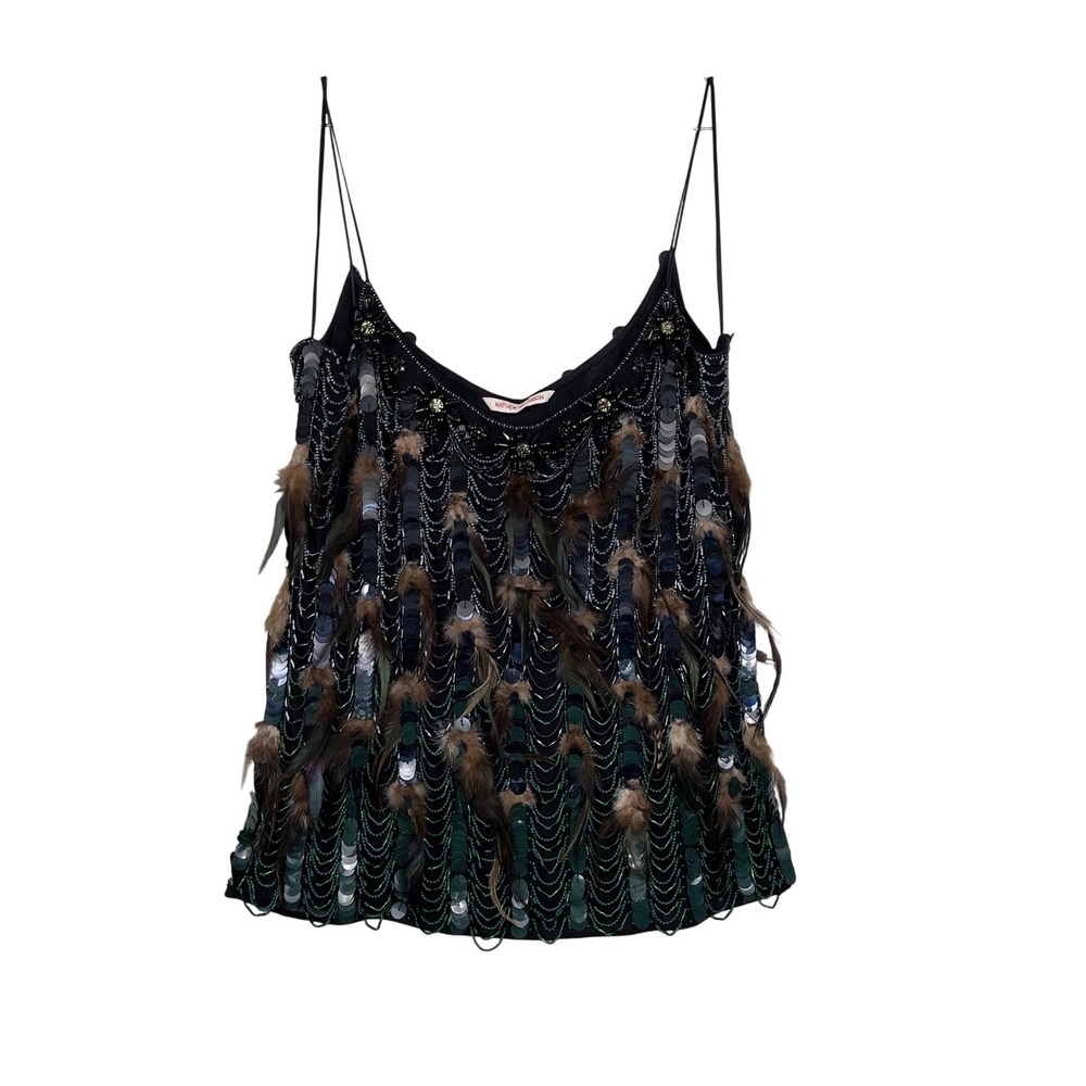 Matthew Williamson Cami Top Beaded Sequin Feather Silk 10 Black Whimsy Fairy Y2K